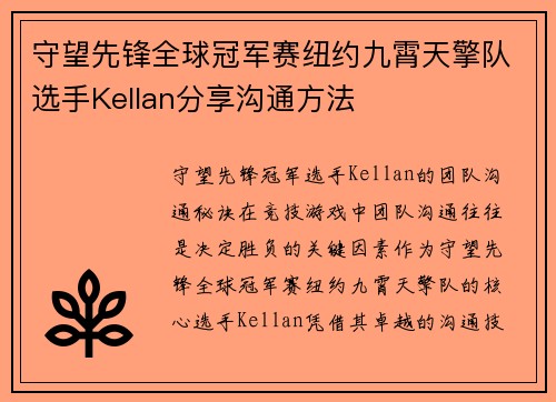 守望先锋全球冠军赛纽约九霄天擎队选手Kellan分享沟通方法